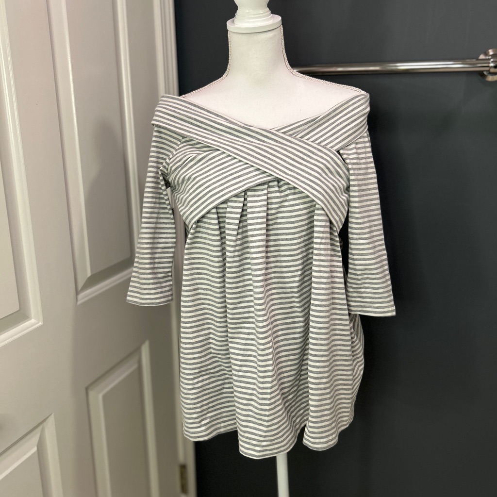 Grey And White Striped Off The Shoulder Top.